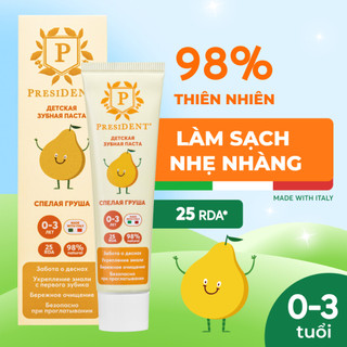Kem đáng răng President dành cho bé 0-3 tuổi, hương lê chín. Tái khoáng hóa men răng. Giảm nguy cơ viêm. RDA 25