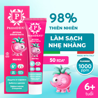 Kem đánh răng President cho trẻ từ 6 tuổi, hương kẹo cao su. Tăng cường men răng. Giảm nguy cơ viêm. RDA 50