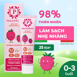 Kem đánh răng President cho bé từ 0-3 tuổi, hương Mâm xôi. Tăng cường men răng. Giảm nguy cơ viêm. RDA 25