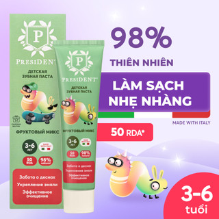 Kem đánh răng President cho trẻ từ 3 - 6 tuổi, hương Trái cây. Tái khoáng hóa men răng. Giảm nguy cơ viêm. RDA 50