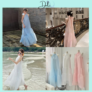 Đầm maxi babydoll voan tơ 2 lớp buộc nơ sau cổ dáng dài đi biển sang chảnh