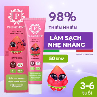 Kem đánh răng President cho trẻ từ 3 - 6 tuổi, vị Dâu. Tái khoáng hóa men răng. Giảm nguy cơ viêm. RDA 50