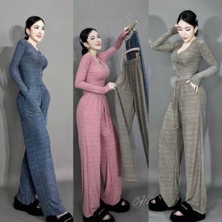 Sét bộ đô nữ tay dài quần ống rộng chất vải thun cadigan dầy dặn co giản tôt