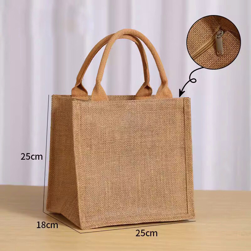 Túi cói bố trơn vuông có dây kéo kích thước 25-18-25 ❤️éo