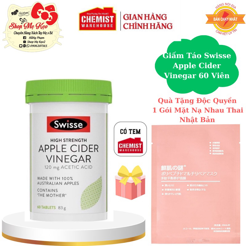 (Date 06/2026) Giảm Cân Giấm táo Swisse Apple Cider Vinegar 60 Viên giảm mỡ thừa giữ vóc dáng thon gọn đốt cháy mỡ thừa