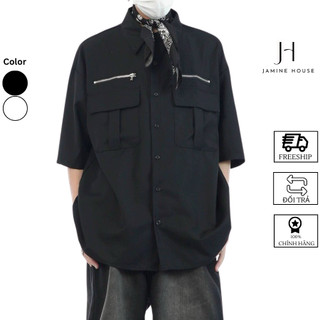 Áo Sơ Mi Tay Lỡ JAMINE HOUSE Nam Nữ Lụa Mango Form Rộng Hai Túi Kiểu Hai Bên Có 2 Màu Phong Cách Unisex