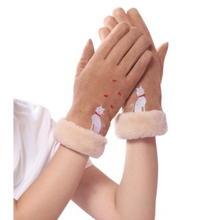  GT36 Găng tay cho nữ chất nhung mịn cách điệu hình mèo tim đỏ thêu viền lông quanh cổ tay 