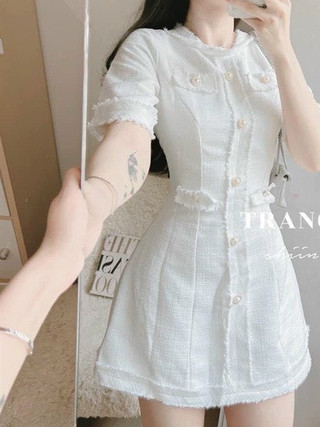 Đầm váy ngắn - Đâm ngắn thiết kế tiểu thư cho nàng bánh bèo đầm chất lenin cổ tròn tay ngắn phối cúc dọc phối viền tưa