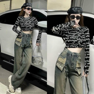 Quần suông túi hộp thêu chữ KAKA rách , Quần bò suông cạp cao phối đồ dễ phong cách Hàn Quốc