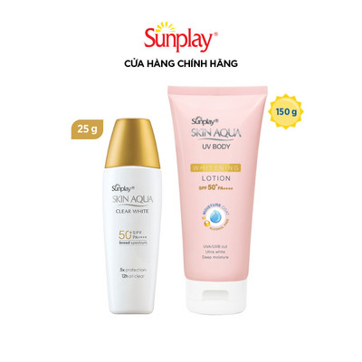 [VB] Combo chống nắng, kiềm dầu cho mặt và dưỡng thể trắng mịn Sunplay Skin Aqua (Clear White 25g + Body Lotion 150g)