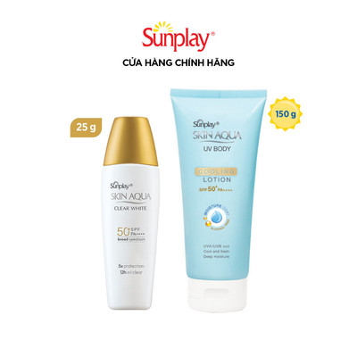 [VB] Combo chống nắng, kiềm dầu cho mặt và dưỡng thể mát lạnh Sunplay Skin Aqua (Clear White 25g + Body Lotion 150g)