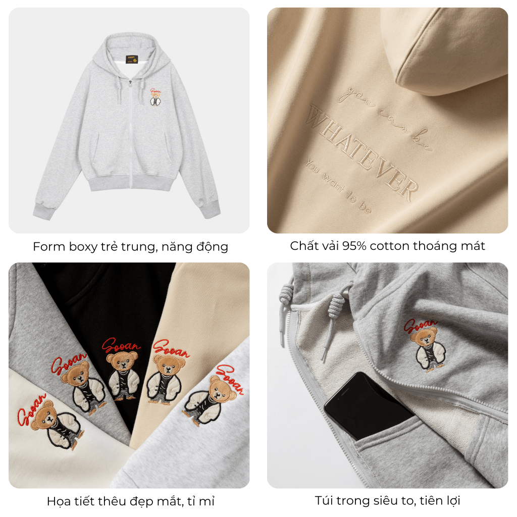 Áo Khoác Nỉ Chân Cua Hoodie Zip Gooan Gấu Teddy - Form Boxy Unisex | BigBuy360 - bigbuy360.vn