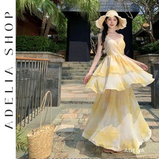 「ADELIA」Đầm Maxi 2 Dây Dáng Dài Màu Vàng Xòe Tầng Đi Biển Adelia.Shop DH521