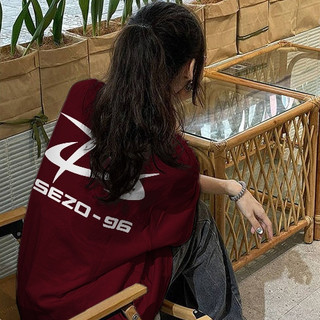 2024 Focus local brand fashion Đỏ mận áo phông nữ form rộng logo cổ tròn oversize áo thun 100%cotton