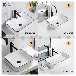 Chậu rửa mặt lavabo viền đen đặt bàn, Tặng kèm Xifon hàng chính hãng cao cấp bảo hành 10 năm men sứ