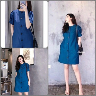Đầm Suông Tay Bồng Màu Xanh SizeM