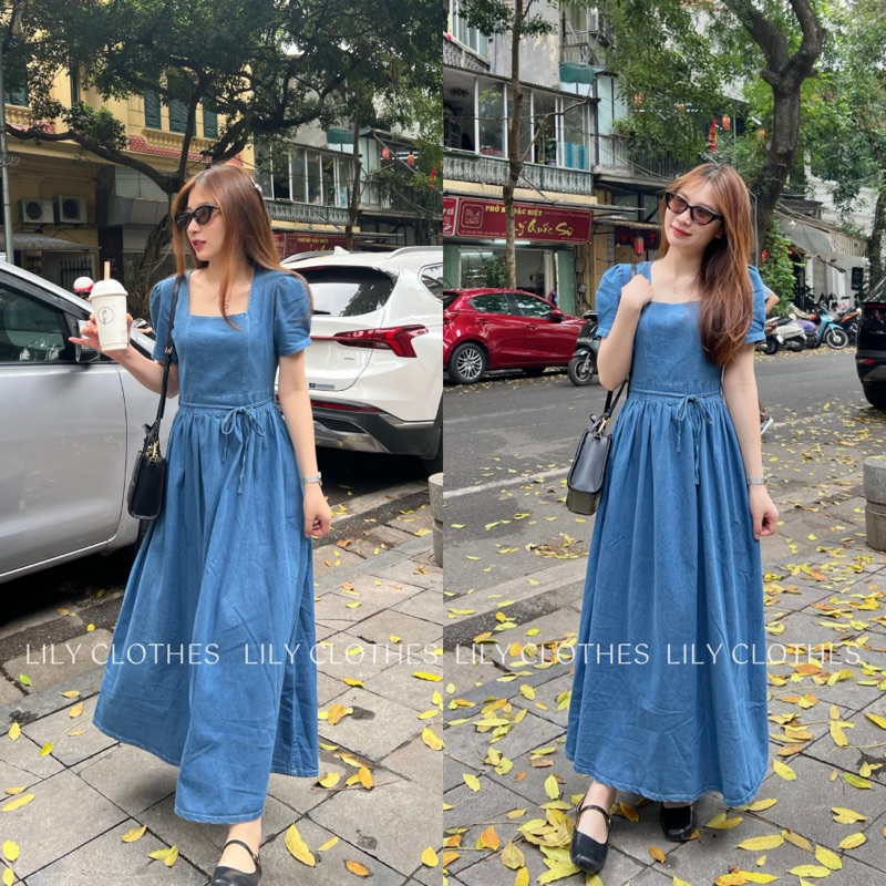 Lily.clothes- Váy denim cổ vuông dáng xoè dài thắt nơ eo chất jean mềm dày dặn