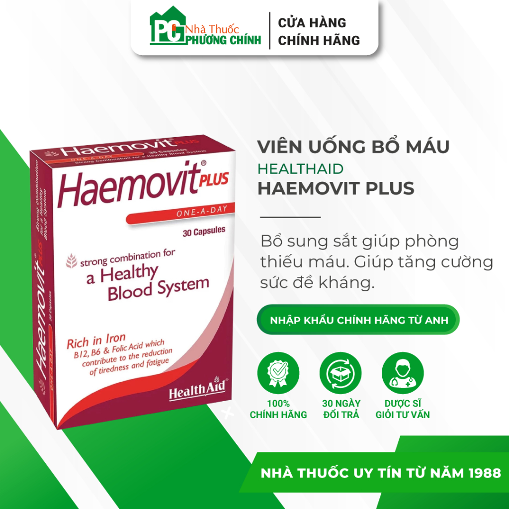 Viên Uống Bổ Máu HealthAid Haemovit Plus Bổ Sung Sắt Và Vitamin Giúp Phòng Ngừa Thiếu Máu (Hộp 30 Viên)