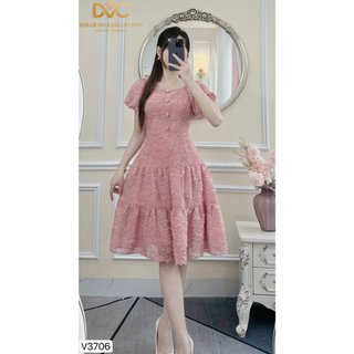 Váy đầm thiết kế màu hồng dáng dài cổ vuông đi làm đi chơi V3706 - DVC