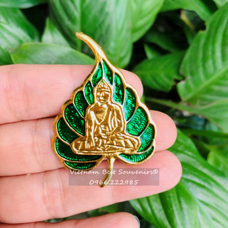 Huy hiệu Lá bồ đề màu xanh cài áo Phật tử hình ảnh Phật Thích Ca 3.5*4.5 cm