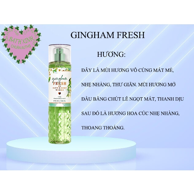 Gingham fresh Mist Xịt thơm toàn thân cho nữ mẫu mới nhất của bath body works 236ml chuẩn auths