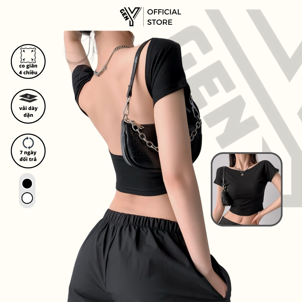 Áo croptop hở lưng GenY ngắn tay ôm body Áo kiểu nữ mặc hè đi biển cực xinh chất vải dày dặn C16