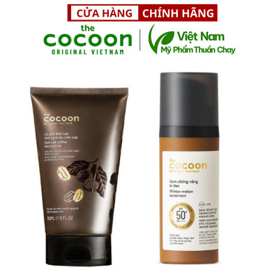 Combo Tẩy da chết mặt cà phê Đắk Lắk Cocoon 150ml + Kem chống nắng bí đao Cocoon quang phổ rộng 50ml