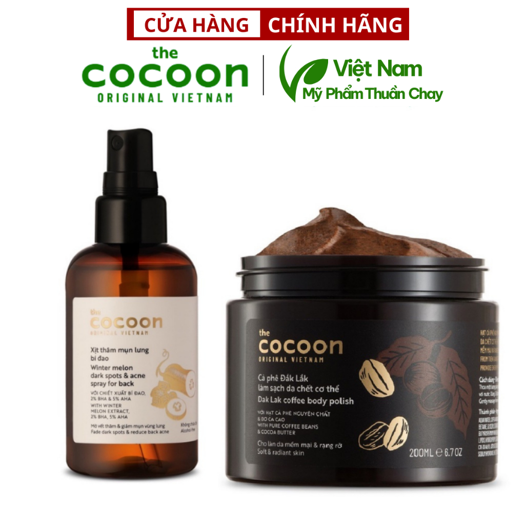 Combo xịt thâm mụn lưng bí đao Cocoon 140ml + Tẩy da chết cơ thể cà phê Đắk Lắk Cocoon 200ml - Cocoo