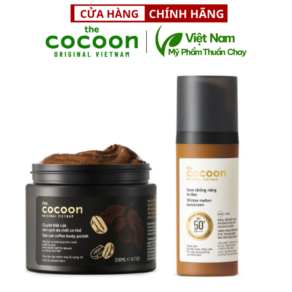 Combo Tẩy da chết cơ thể cà phê Đắk Lắk Cocoon 200ml + Kem chống nắng bí đao Cocoon quang phổ rộng 5