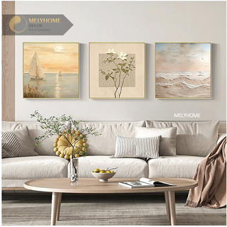 Tranh Đơn Vuông Canvas Cao Cấp Wabi Sabi Tối Giản Thuyền Cát Sóng Biển Hoa Hoàng Hôn Trang Trí Phòng Khách Ngủ MELYHOME