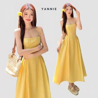 Váy đầm hai dây vàng ôm eo dáng dài maxi đi biển Yannie