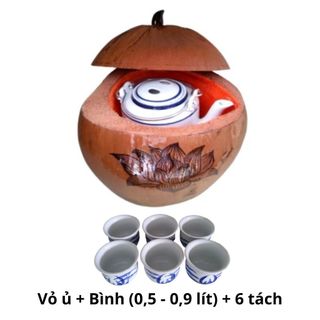 Bộ ủ bình trà trái dừa khắc hoa sen / bình trà 0,4 - 0,9 lít / ủ ấm 3 - 6 giờ / sản xuất thủ công