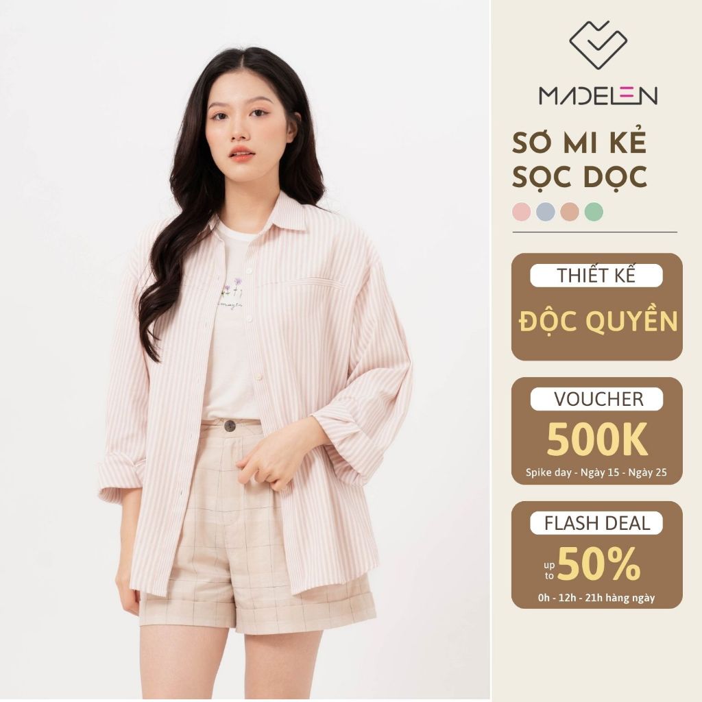 Áo sơ mi dài tay dáng oversize màu kẻ pastel MADELEN