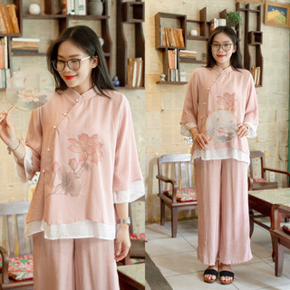 Đồ lam đi chùa nữ - Set đũi tơ cổ tàu nút Ngọc in sen Hồng