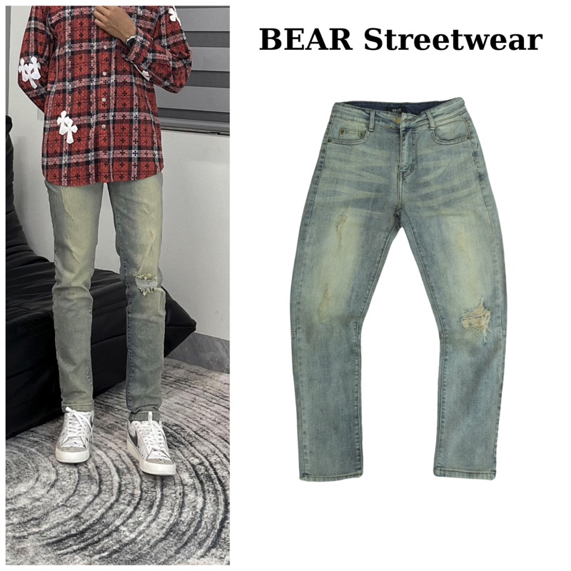 Quân jean nam streetwear cao cấp BEAR màu canh vàng form slimfit vải denim co giãn SK006