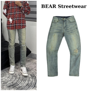 Quân jean nam streetwear cao cấp BEAR màu canh vàng form slimfit vải denim co giãn SK006