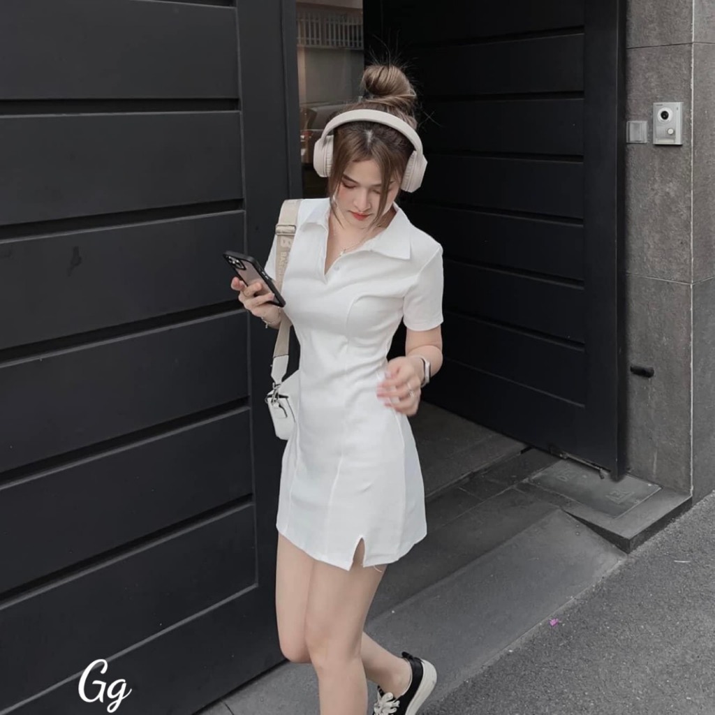 Đầm gân cổ polo trơn basic mặc siêu xinh
