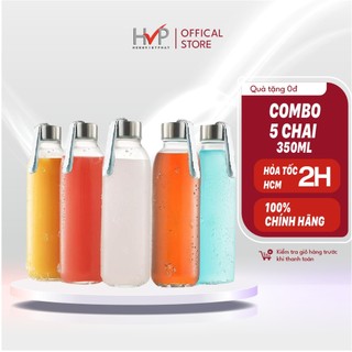 Combo 5 chai thủy tinh 350ml có dây HVP Bình nước thủy tinh trong suốt có quai xách tiện lợi, an toàn sức khoẻ