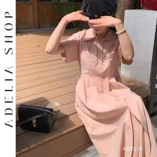 「adelia」đầm sơ mi maxi dáng dài tay ngắn trơn thắt eo thanh lịch nhẹ nhàng adelia.shop dh523