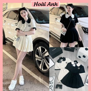 Set Bộ Đồ Nữ Miu Cổ Sen Áo Ngắn Tay Phối Màu Cổ Thêu Chữ Mix Chân Váy Xếp Ly Freesize