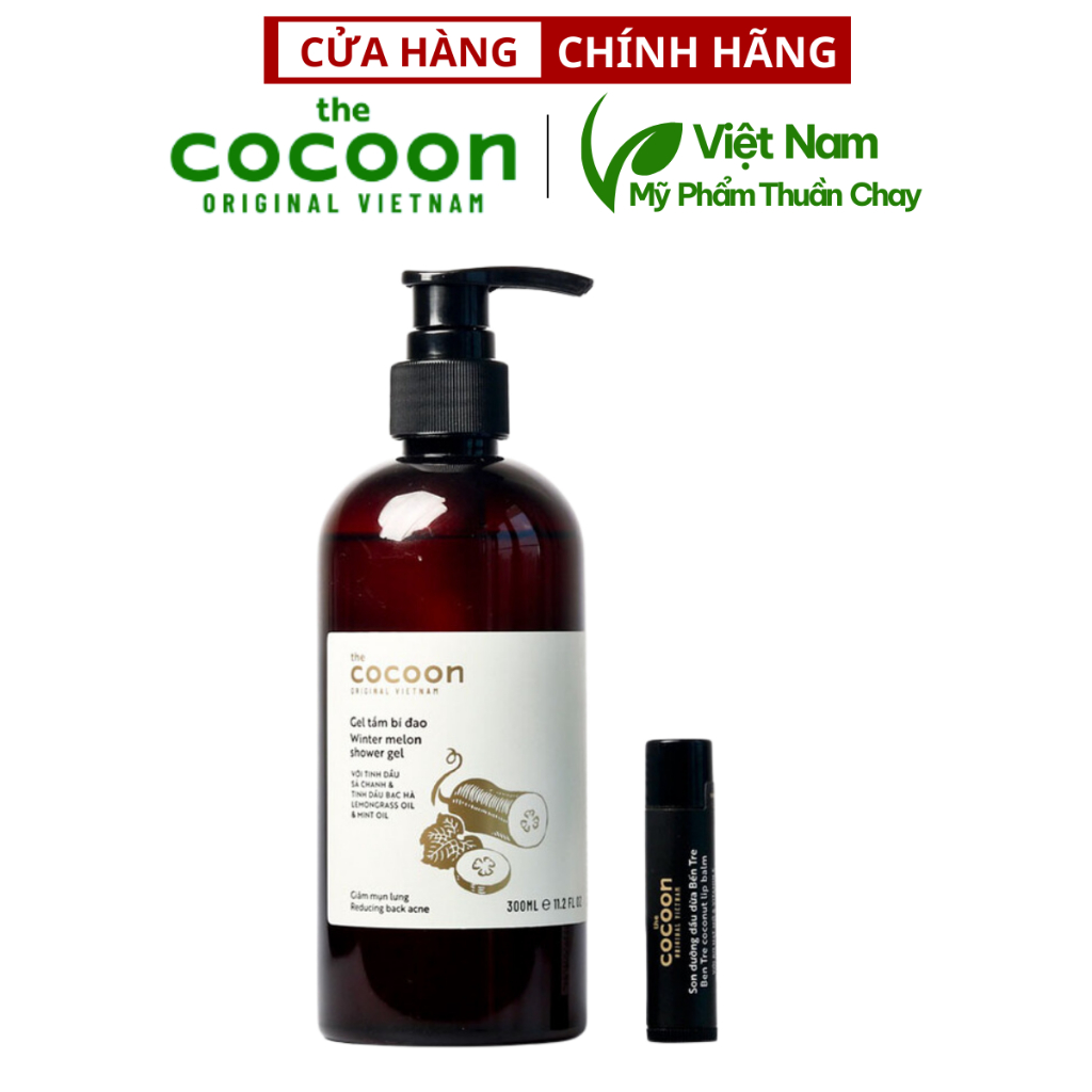 Bộ Gel tắm bí đao cocoon 300ml + Son dưỡng môi dầu dừa bến Tre 5g - Thuần Chay Việt Nam