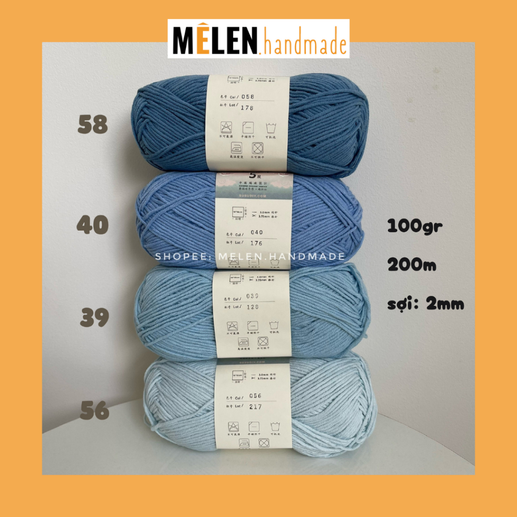 [XANH DƯƠNG] Combo len Susan 5 - màu xanh dương - Len Susan's Family 5 100g sợi 2mm