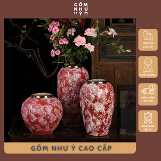 Bình gốm cắm hoa đất nung men loang đỏ trắng - Phong cách Retro độc đáo