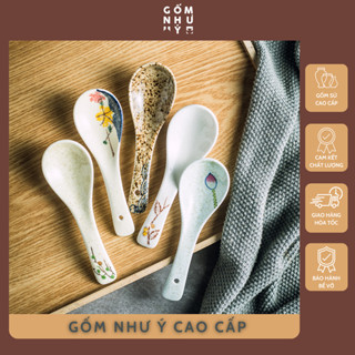  Thìa sứ 14cm men mịn cao cấp muỗng sứ họa tiết tiểu cổ Nhật Bản sứ dày dặn chịu nhiệt dễ vệ sinh 