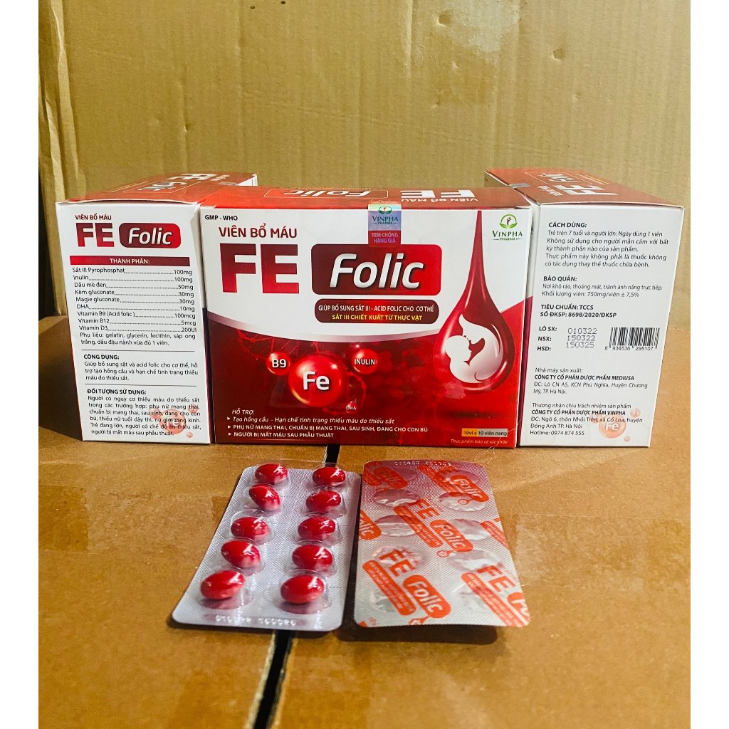 Viên bổ máu FE FOLIC - Giúp bổ sung sắt III, acid folic cho cơ thể - Hộp 100 viên