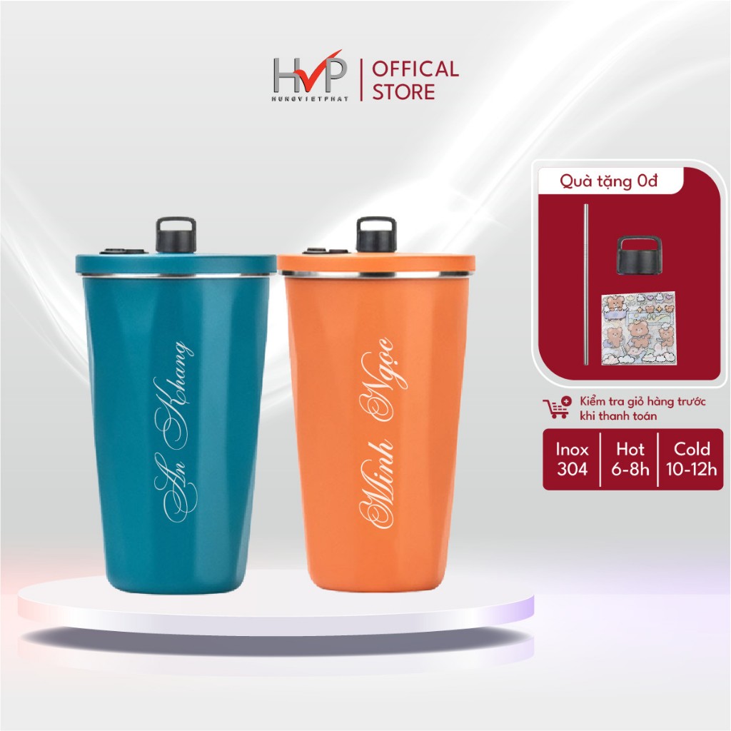 Ly giữ nhiệt HVP 600ml, bình giữ nhiệt HVP có ống hút inox 304 khắc tên, tặng Sticker, ống hút
