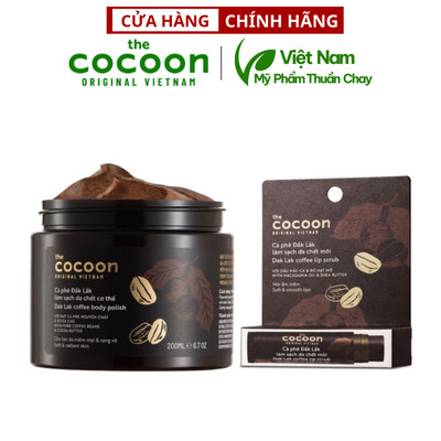 Combo Cà phê Đắklắk làm sạch da chết BodyCocoon200ml+tẩy da chết môi Cà phê đắk lắk Cocoon 5g - Thuần Chay Việt Nam