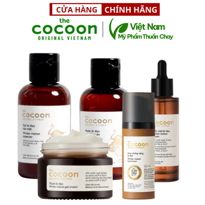 Bộ Skin care Cocoon 5 bước buổi sáng :gel rửa mặt 140ml + Toner 140ml + Serum 70ml + Thạch bí 30ml + Kem chống nắng 50ML