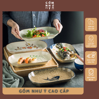 Đĩa bầu dục sứ 30cm tráng men mịn - Họa tiết tiểu cổ, sứ dày chịu nhiệt dễ tẩy rửa