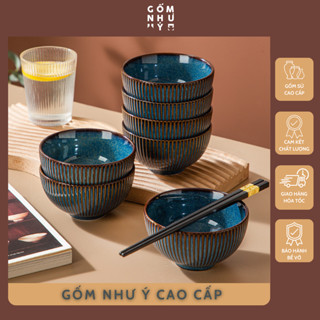 Bộ 6 bát ăn cơm sứ cổ điển men xanh hoả biến + Hộp Quà + 6 đôi đũa hợp kim - Bộ chén ăn cơm cao cấp